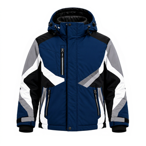 Veste de sport d'hiver bleue à capuche avec panneau réfléchissant, poche zippée, logo personnalisé, polyester haute visibilité - Product Image 1