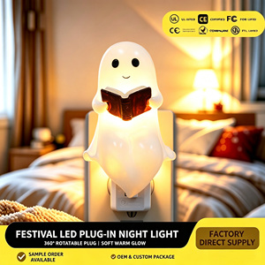 ไฟกลางคืน LED รูปผีน่ารัก แบบเสียบปลั๊ก 360 องศา จากโรงงาน OEM ° ปลั๊กหมุนได้ โคมไฟอุ่นๆ นุ่มนวล ตกแต่งบ้านวันฮาโลวีน ไฟกลางคืน ขายส่ง ของขวัญ - Product Image 1