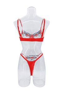 Conjunto de Lencería de Encaje con Bordado Floral Rojo, Sujetador con Aros y Tanga de Malla Transparente, Conjunto de 2 Piezas, Ropa Interior Sexy para Mujer - Product Image 6