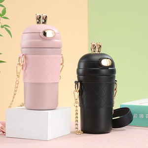 Edelstahl-Vakuum-Kaninchen-Isolierkaffeebecher für unterwegs, süßer Kaffeebecher mit Strohhalm – verstellbarer Tragegurt für den Becher - Product Image 2