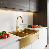 Évier de cuisine double cuve 33x22 pouces, à bords arrondis R10, style Workstation Apron Farmhouse, jaune doré, avec marches