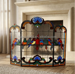 Cathedral Stained Glass Fireplace <b>Screen</b> 3 Panels 10 Sets Bird Design Traditional Decor Rectangle Shape Artistic Decoration - Product Image 6