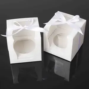 White Cupcake Boxes Wedding Favor Paper Box Clear Window Cupcake Gift Box with Inserts and Ribbon 3.5 Inch