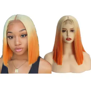 Peruca pequena frontal renda 14 "bob estilo cabelo sintético, laranja ombre cor