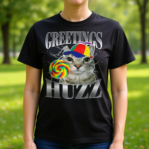 T-shirt da donna promozionale con stampa digitale a maniche corte e girocollo, motivo Greetings Huzz Silly Cat Meme - Product Image 3