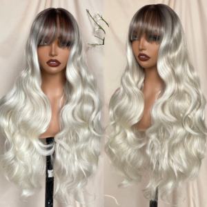 Perruque synthétique Lace Front Ombré Marron de 12 $ avec frange, longue, ondulée, naturelle et douce, en cheveux synthétiques mélangés - Product Image 2