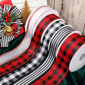 Single Face Gingham Plaid Ribbons 1-1/2 Wide Grosgrain Organza Gift Packaging Recycled Printed <b>Red</b> Black White Checkered Pattern - Product Image 2