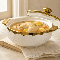 Ensemble de plats en céramique 3 pièces, blanc, motif floral en relief, bord doré, bols à soupe avec couvercle pour la maison, l'hôtel, le restaurant