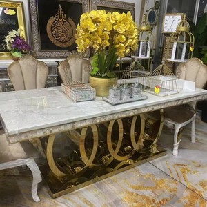 Cổ Phiếu Sẵn Sàng Sang Trọng 8 Chỗ Ngồi Hình Chữ Nhật Bằng Đá Cẩm Thạch Bàn Ăn Với Vàng Thép Không Gỉ Cơ Sở Cho Biệt Thự Ăn Hiện Đại Đồ Nội Thất Thiết Lập - Product Image 5
