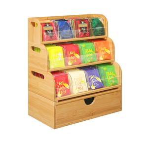 Organizador de Tazas de Café de Bambú, Contenedor de Almacenamiento de 3 Compartimentos para Sobres de Azúcar, Agitadores, Pajitas, Vasos de Papel, Estante de Escritorio - Product Image 1