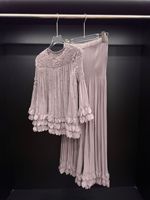 Ensemble deux pièces haut et pantalon Miyake plissé, printemps, ample, uni, sans col, manches pétales de perle, style féerique et doux