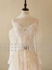 Mily gelin MQW02106 A-Line uzun kollu dantel up geri dantel düğün elbisesi kadınlar için eşarp ile - Product Image 3