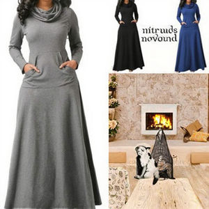 Vestido Largo Maxi de Verano con Cuello en V, Casual, a Rayas, de Manga Larga, Cintura Natural y Bolsillos para Mujer - Product Image 3