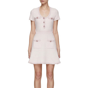 Fabricantes de Prendas de Punto, Vestidos de Verano Personalizados de Color <span class=keywords><strong>Rosa</strong></span>, Cuello Redondo, <span class=keywords><strong>Manga</strong></span> Corta, Ajustados al Cuerpo, Vestidos Casuales de Punto para Mujer - Product Image 2