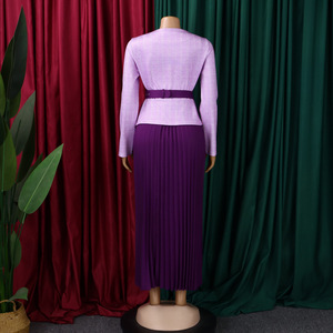 C8646 Trendy Ladies Suits Office Wear Elegant Slim Plaid V-neck <strong>Coat</strong> + Maxi Pleated <strong>Skirt</strong> Set Two Piece Women Business Suit Sets - Product Image 5