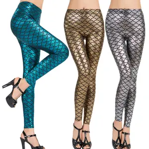 Womens Leggings Printed Shiny Gold Pants Elasticity Stretch Green Fish Scale Mermaid Leggings