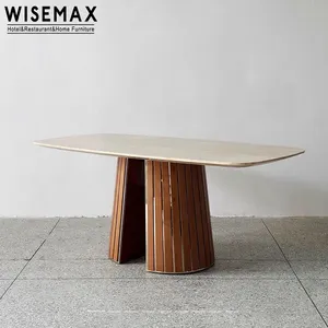 WISEMAX FURNITURE Light Luxury Rectangle Marble Dining Room Sets Trvertine Top Stainless Steel Base Wood Veneer Restaurant Table