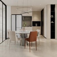 Armoire de cuisine crème |   Bois blanc mat sans poignée |   Revêtement mural en marbre |   Hotte aspirante HILUX |   Plan de travail en quartz |   Centre Commercial 3D Gratuit