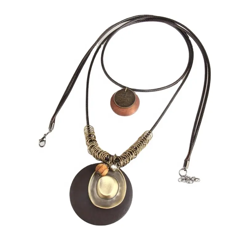 Pull en chaîne de cire multiple style ethnique vintage différent Accessoires en bois long collier pendentif pour femme