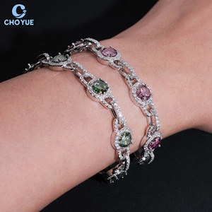Pulsera de eslabones cubanos con racimo de moissanita de colores, chapada en rodio, de plata maciza 925, joyería Hiphop Iced Out - Product Image 1