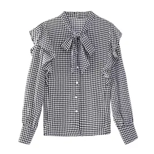 S-XXL Lente Nieuwe Dames Duizend Vogel Geruit Overhemd Met Lange Mouwen Lint Chiffon Top Strik Ronde Hals Shirt