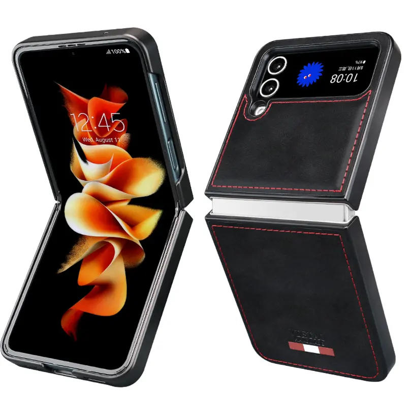 Coque arrière de téléphone en cuir avec design classique Coque de téléphone en cuir uni bleu pour Samsung Z Flip 4 3