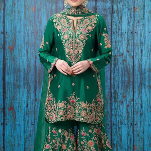 Travail de broderie indienne/pakistanaise sur kurta, robe sarara & dupatta avec perles de verre cristal, pierre, travail dabka pour la fête @ 2024 - Product Image 1