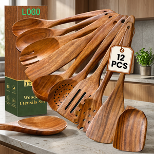 Qualcosa Stock Wholesale Ensemble d'ustensiles de cuisine en bois de teck 12 pièces, résistant à la chaleur, antiadhésif, compatible four/micro-ondes/lave-vaisselle - Product Image 4