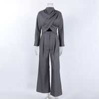 Ensembles de pantalons d'été chics en gros : Blazer plissé à col montant et pantalon large taille haute – Tenues élégantes pour femmes de bureau