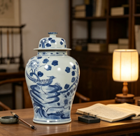 Vente en gros de pots à gingembre sous glaçure bleu et blanc, motif floral et oiseaux, style traditionnel chinois, avec couvercle, pour collection et décoration antique
