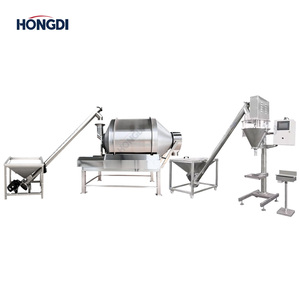 Ligne de mélange et de remplissage semi-automatique de poudres, mélangeur rotatif à tambour avec convoyeurs à vis et remplisseur vertical à vis sans fin pour aliments et épices - Product Image 1