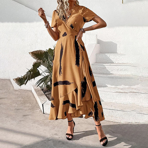 <span class=keywords><strong>Maxi</strong></span> abito da donna con stampa estiva bohémien Casual Boho floreale con scollo a V manica corta con motivo a volant abiti lunghi da spiaggia - Product Image 2