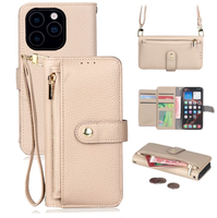 Dompet Ponsel Kulit PU Bertekstur dengan Slot Kartu, Kantong Resleting, Tali Pergelangan Tangan, Penutup Kancing, Grosir Logo Kustom OEM