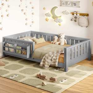 <span class=keywords><strong>Lit</strong></span> pour enfants en bois massif Montessori à profil bas, écologique, avec plateforme au sol, barrière et bibliothèque - Product Image 3