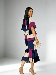 Conjunto de Dos Piezas Elegante Retro para Mujer Talla Grande - Magenta y Azul con Parches, Ropa Casual de Verano para Oficina y Ocasiones Formales - Product Image 2