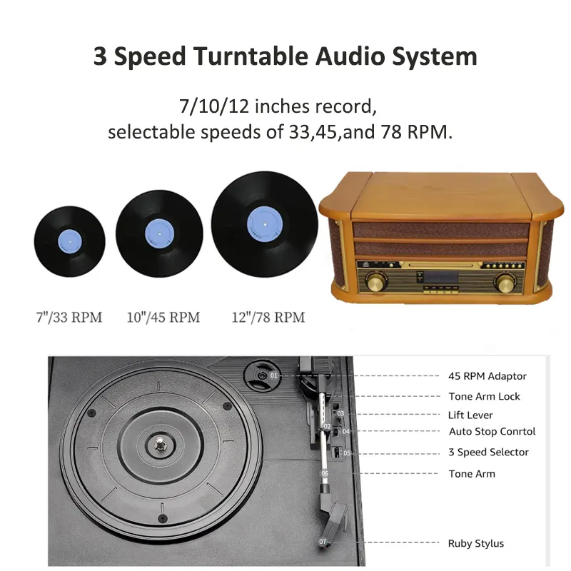 Hot Selling Professional Phonograph CD-Kassette Bluetooth USB SD Aux FM Radio Belt Driven Turntable Vinyl Plattenspieler