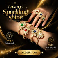 Bracelet manchette ouverte plaqué or 18 carats avec fleur cabochon et ensemble de bagues en zircon, pierres précieuses pour bijoux de luxe victoriens, cadeau, vente en gros