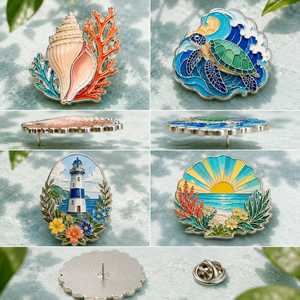 Ensemble de broches en métal personnalisées sur le thème de la mer, avec motifs coquillage, corail, tortue, phare et coucher de soleil, plaqué argent, émail dur, forme irrégulière, souvenir - Product Image 3