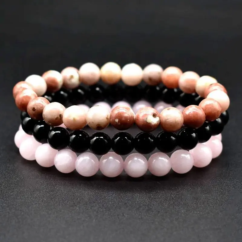 Wholesale 3Pc/set 8MM Black Agate Rhodonite Rose Quartz Beads Wrist Men Women Natural Stone bracelet sets Mala Bracelets