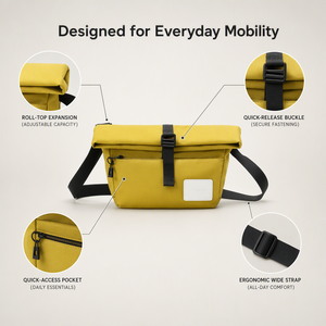 Fashion Waterproof <b>Nylon</b> Roll Top <b>Shoulder</b> <b>Bag</b> Crossbody Satchel Wide Strap Quick Access Pocket for Outdoor Travel Running - Product Image 5