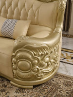 Ensemble de canapés en cuir couleur champagne, style européen, en teck massif sculpté, avec joints à mortaise et tenon, pour villas et grands salons