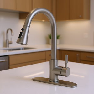 Grifo de Cocina Extraíble de Acero Inoxidable, Monomando, Níquel Cepillado, 1 Orificio, Montaje en Encimera, Diseño Contemporáneo - Product Image 2