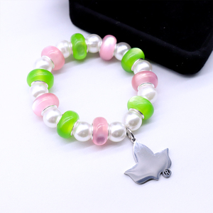 Designer perla e <span class=keywords><strong>rosa</strong></span> verde con perline 1908 greco alfa Soror gioielli in <span class=keywords><strong>acciaio</strong></span> inox edera Charm rendendo confraternita braccialetto elastico - Product Image 3