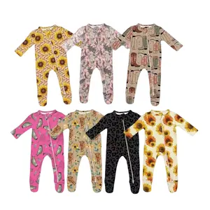 Western printing sunflower print baby infant long sleeve unique zipper romper with feet one piece 0M -3T size infant toddler clo