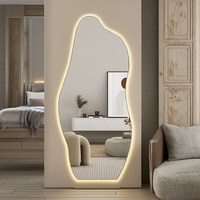 Miroir LED intelligent à écran tactile, éclairage, lentilles argentées, forme irrégulière, design moderne, cadre en alliage d'aluminium, auto-adhésif