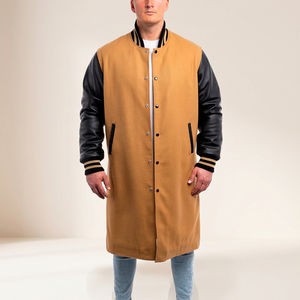 <b>Men's</b> Camel Wool Eco-Friendly Quick Dry Long <b>Overcoat</b> with Stand Collar Button Closure Solid Color 100% Down Filled Outerwear - Product Image 1
