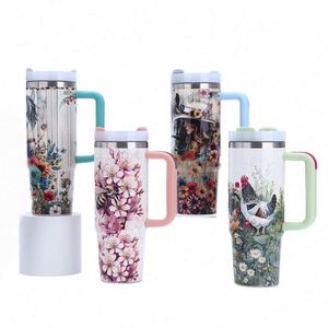 Gobelet isotherme réutilisable en acier inoxydable de 40 oz avec logo personnalisé imprimé UV, écologique, avec poignée et couvercle à paille, compatible porte-gobelet - Product Image 1