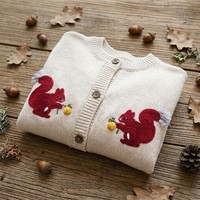 Cardigan en tricot 100 % coton pour fille, avec broderie mignonne d'écureuil, boutonné, vêtements d'extérieur pour enfants, tailles 90-130, vente en gros