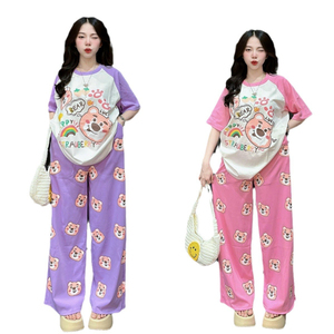 Costume décontracté transfrontalier femmes été dessin animé ours imprimé à manches courtes pantalon large pour étudiants réduction de l'âge deux pièces Fa - Product Image 5