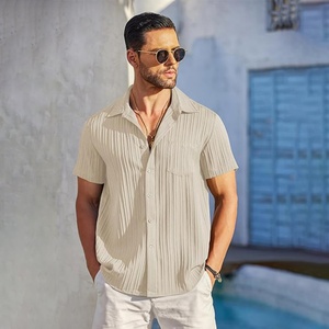 Men's ODM Custom Logo Casual Button <b>Down</b> Shirts Short Sleeve Breathable Stand Collar Textured Summer Beach Shirt with Pocket - Product Image 3